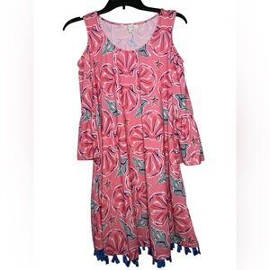 Simply Southern Women’s Cold Shoulder Tassel Detailed Shell Print Beachy Dress
